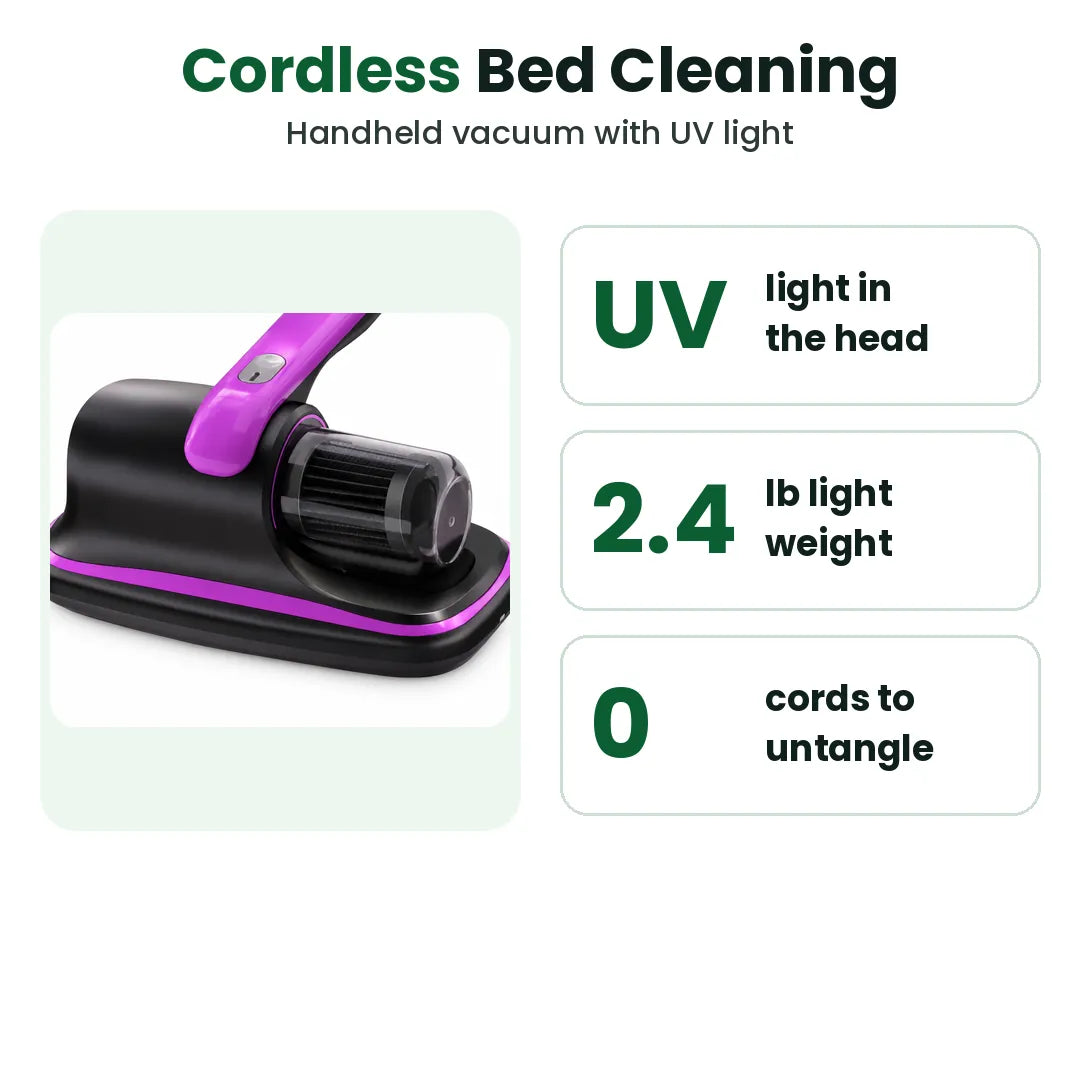 Cordless handheld mattress vacuum with UV light, weight and features shown