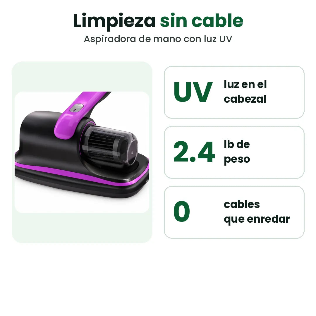 Aspiradora de mano inalámbrica para colchón con luz UV, peso y características