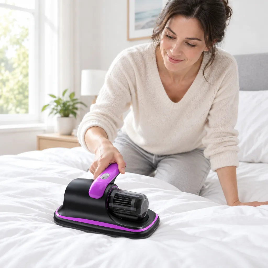 Woman using a cordless bed vacuum on a white duvet in a bright bedroom