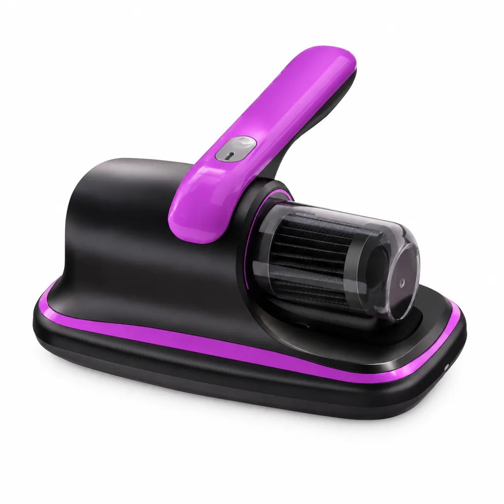 Purple and black handheld mattress vacuum cleaner on a white background