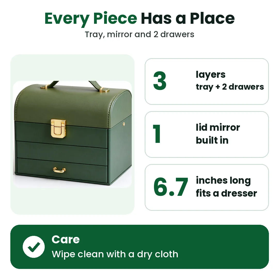 Jewelry box organizer features: 3 layers, built-in lid mirror, 6.7 inches long