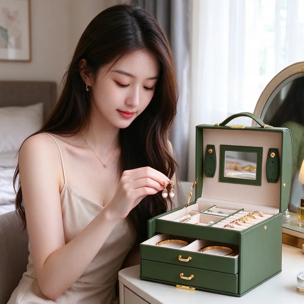 Woman choosing earrings from a jewelry box organizer with mirror at her bedroom vanity