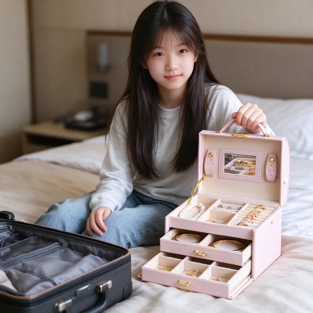Girl on a hotel bed carrying a pink travel jewelry box organizer by its handle next to a suitcase