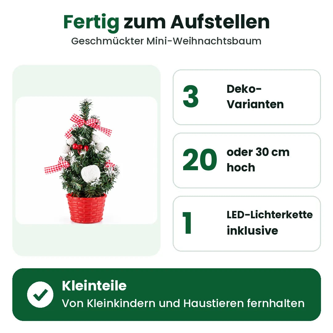 Mini-Weihnachtsbaum in 3 Varianten, 20 oder 30 cm hoch, mit LED-Lichterkette