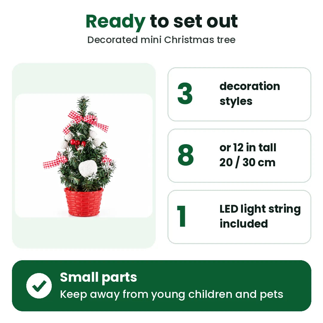 Mini Christmas tree with 3 decoration styles, 8 or 12 in tall, LED light string included