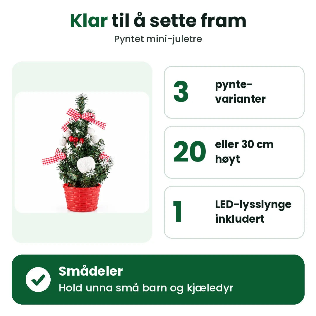 Mini juletre i 3 varianter, 20 eller 30 cm høyt, med LED-lysslynge