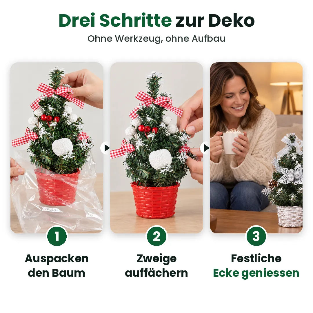 Drei Schritte zum Tischweihnachtsbaum: auspacken, Zweige auffächern, geniessen