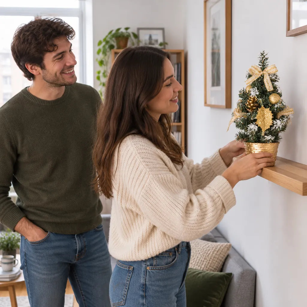 Paar stellt einen kleinen goldenen Tischweihnachtsbaum auf ein Wandregal in seiner Wohnung