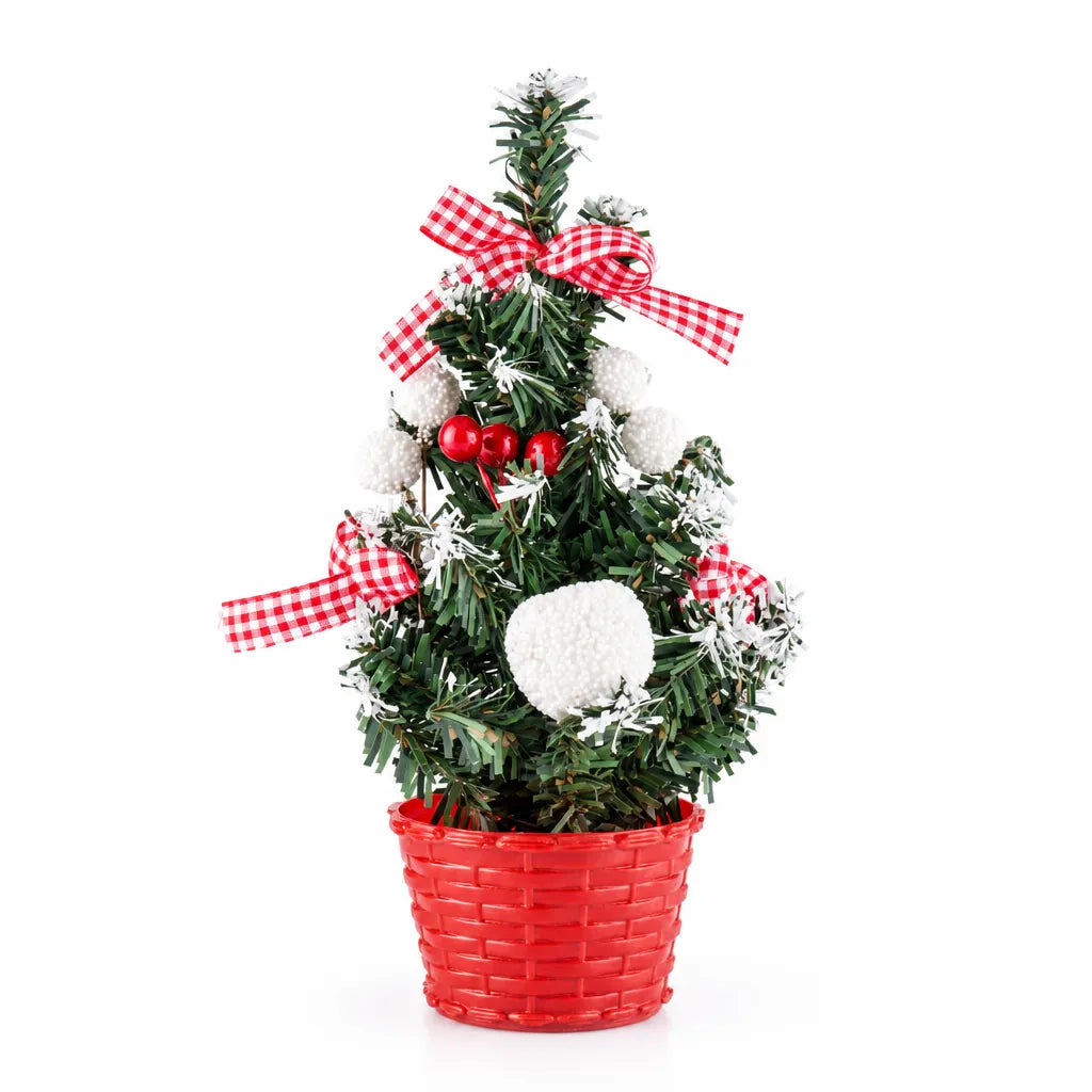 Small Christmas tree with red gingham bows, white snowballs and red berries in a red woven pot
