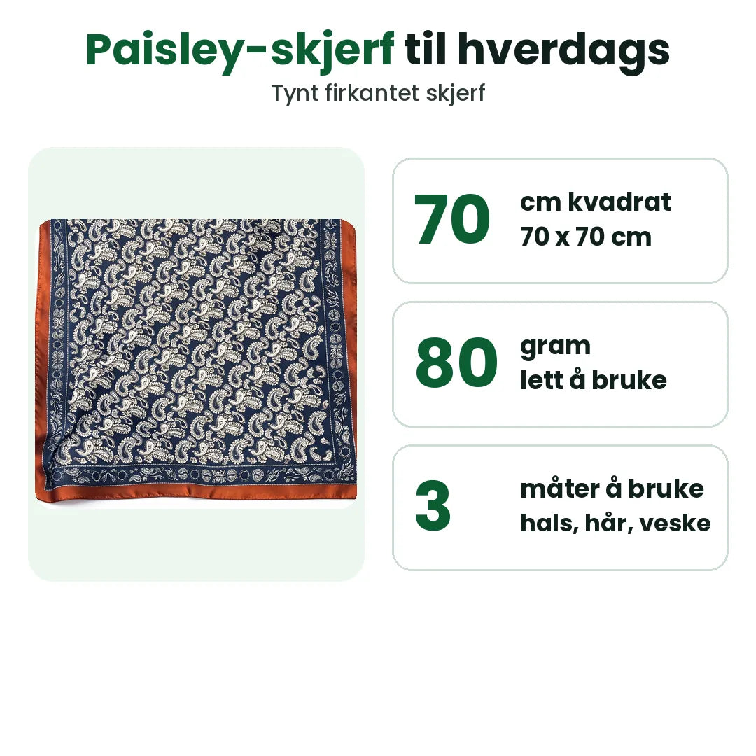 Paisley skjerf, 70 cm kvadrat, 80 gram, tre måter å bruke det på
