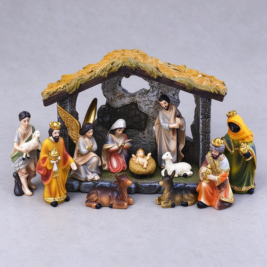 Nativity scene set with stable and all eleven figures laid out together