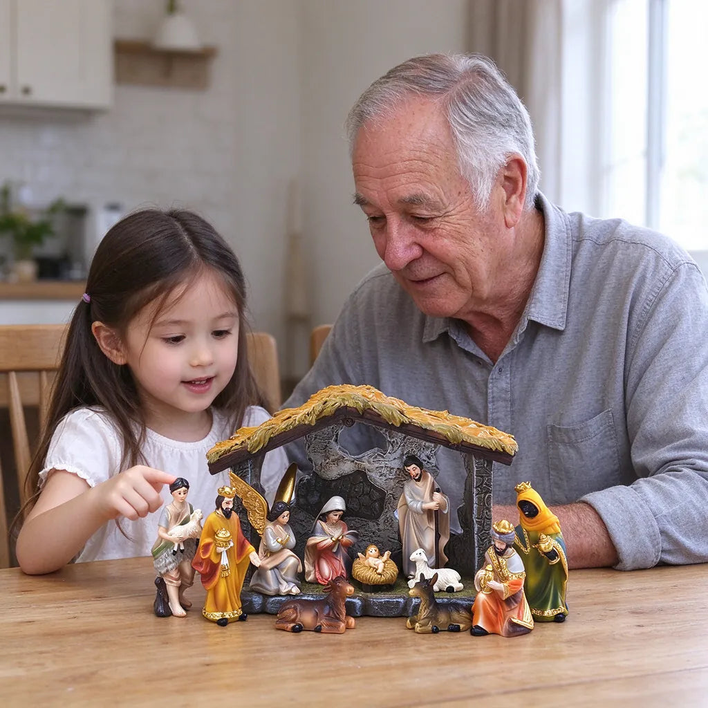 Girl and grandfather looking at a nativity scene set on a dining table