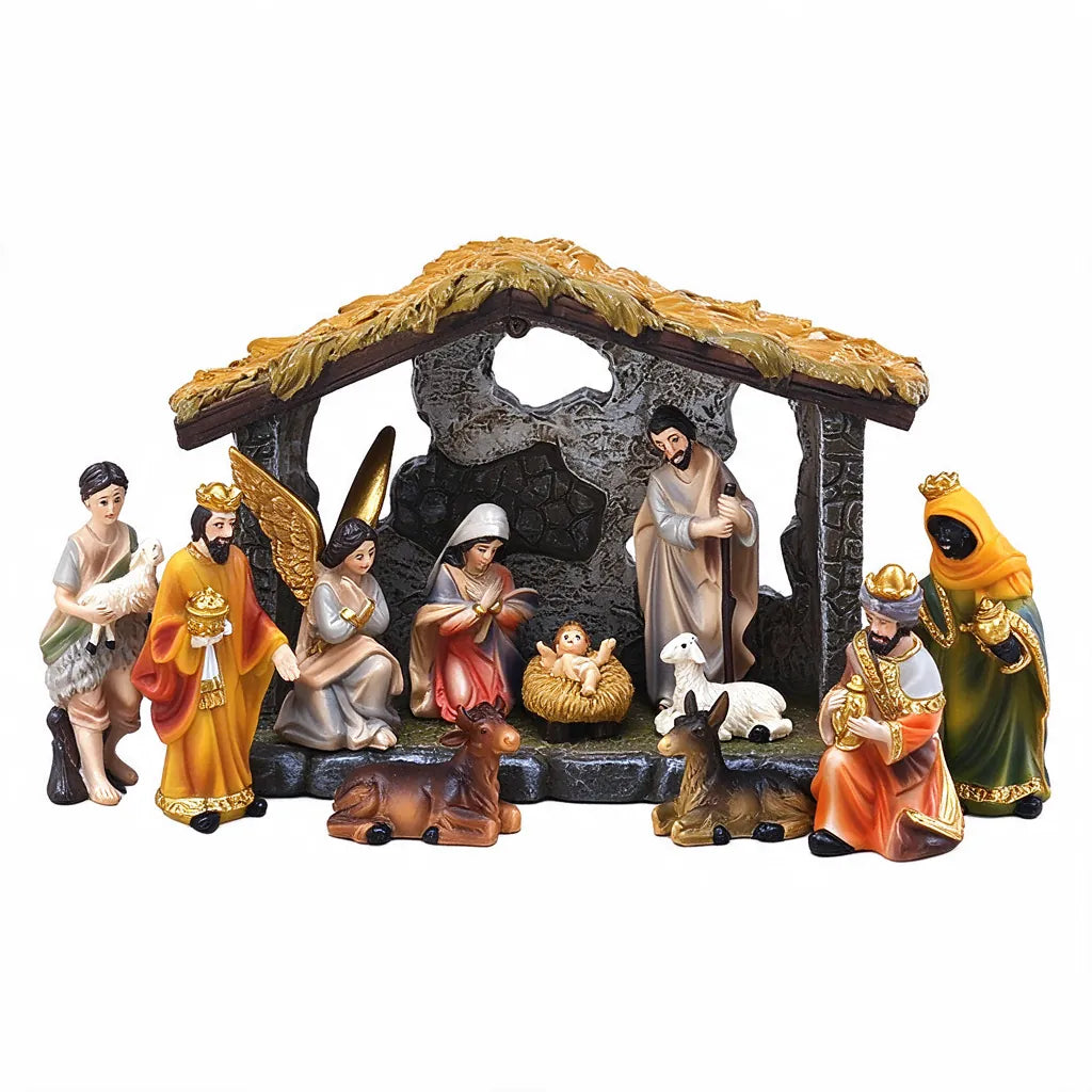 Hand-painted resin nativity scene set with stable and eleven figures on white