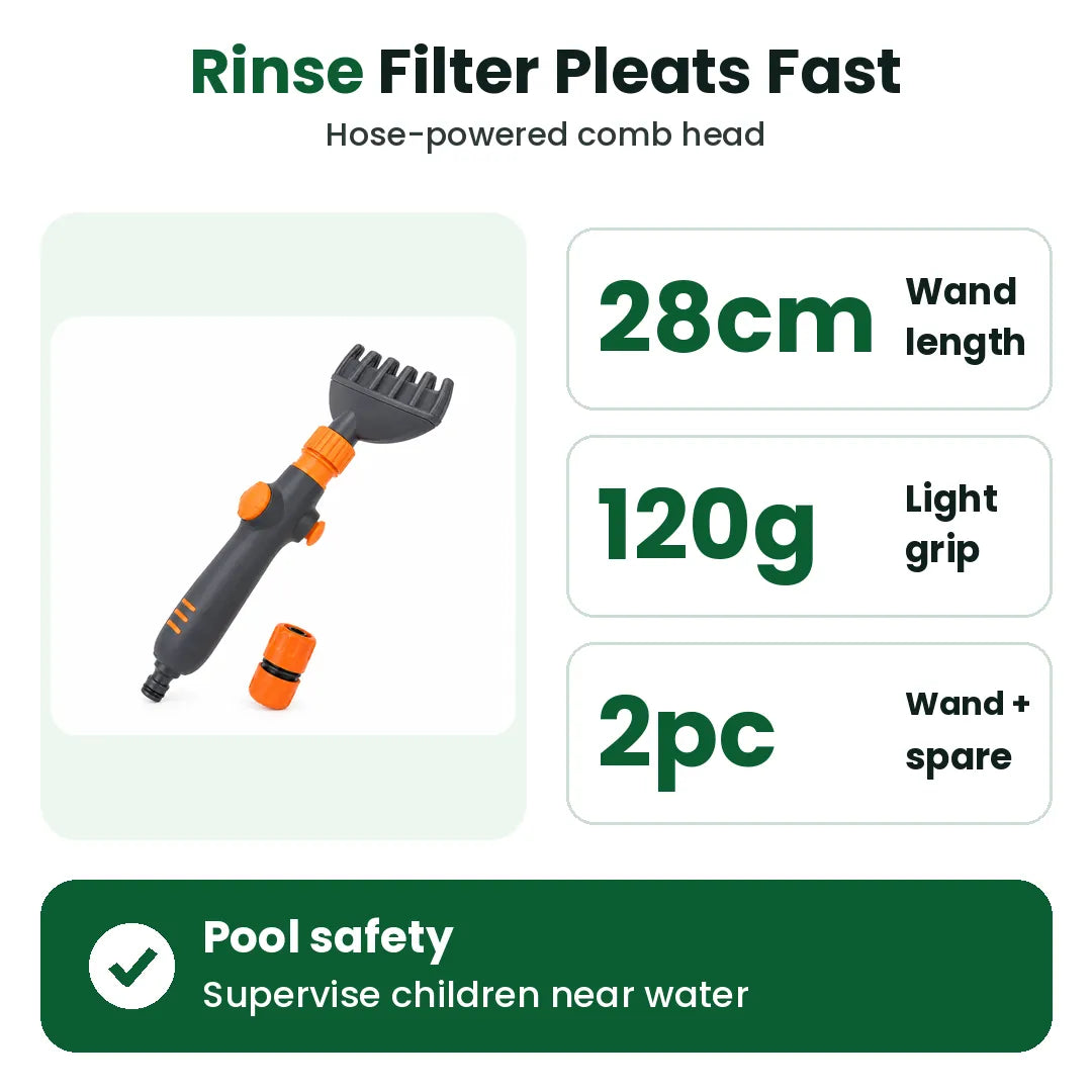 Pool filter cleaner wand features: 28 cm long, 120 g, wand plus spare connector