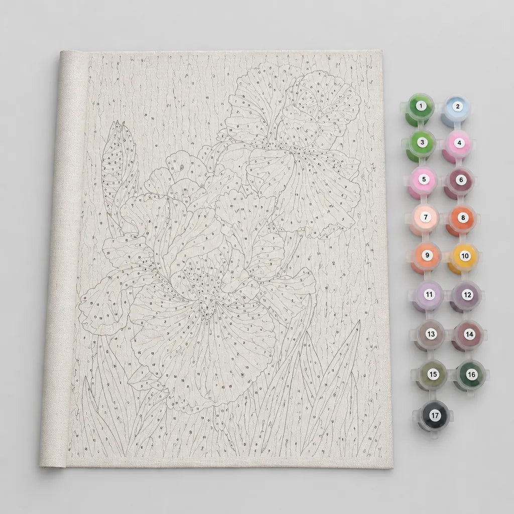 Numbered canvas and numbered acrylic paint pots included in the paint by numbers kit