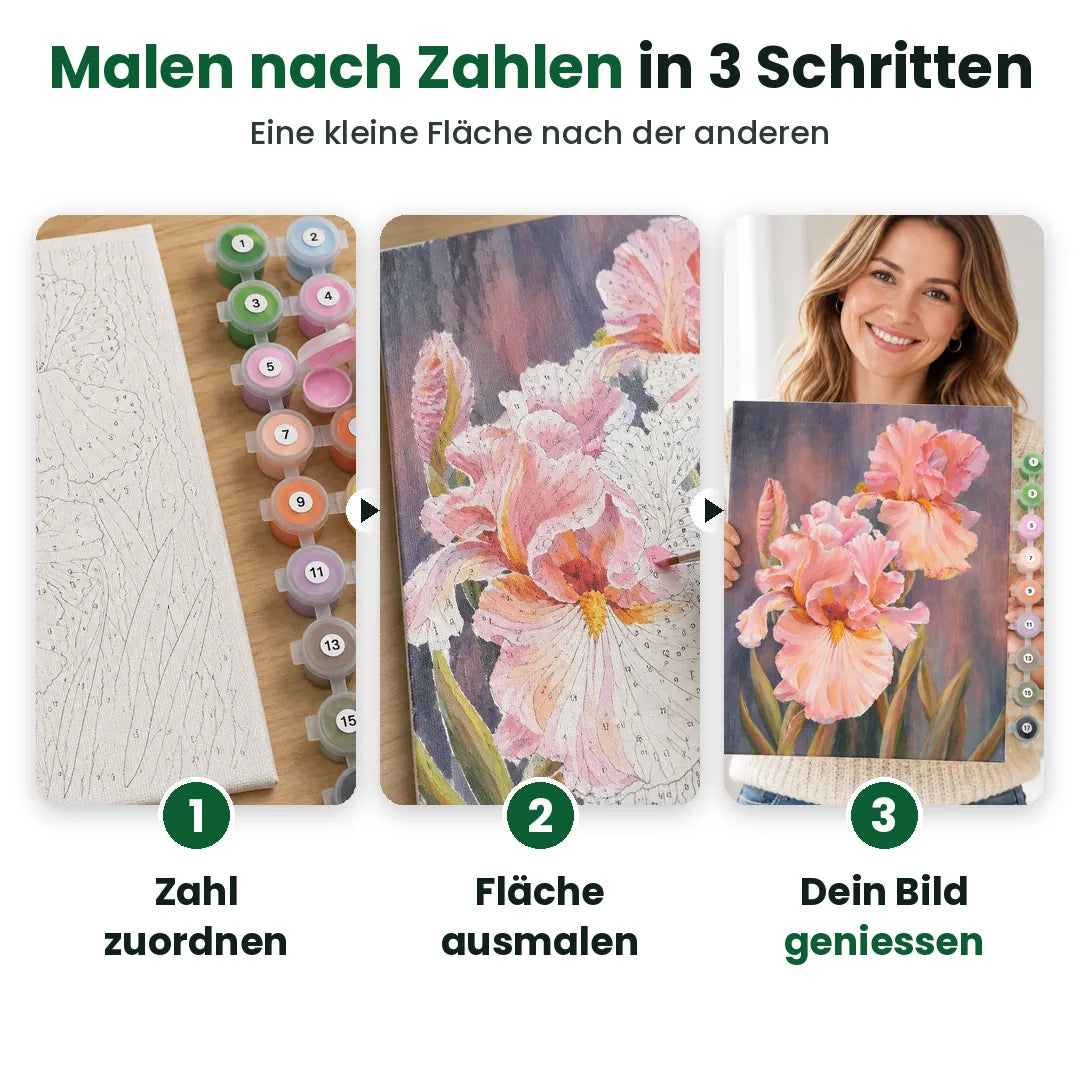 Malen nach Zahlen in drei Schritten: Zahl zuordnen, Fläche ausmalen, Bild geniessen