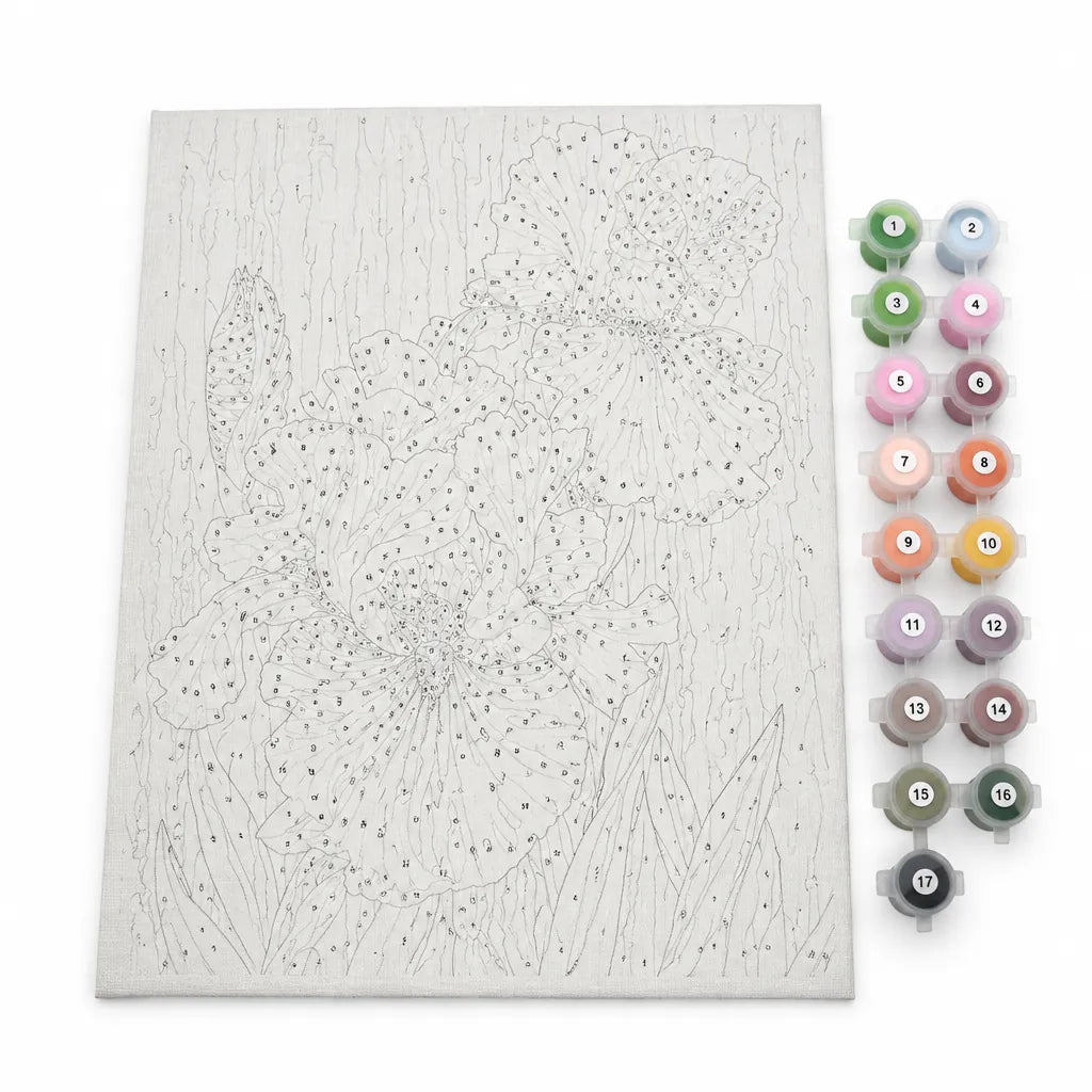Paint by numbers kit for adults: numbered canvas and strip of numbered paint pots on white