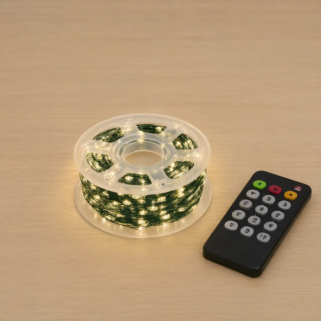 Green wire LED Christmas tree lights on a clear reel with a remote control