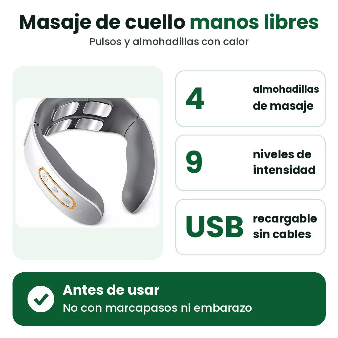 Beneficios del masajeador de cuello: 4 almohadillas, 9 niveles, carga USB