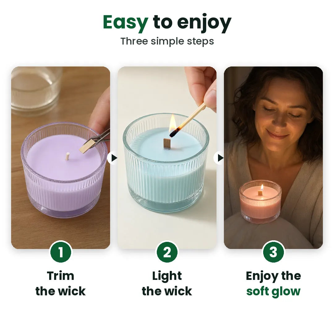Three steps to enjoy a scented candle: trim the wick, light it, enjoy the soft glow