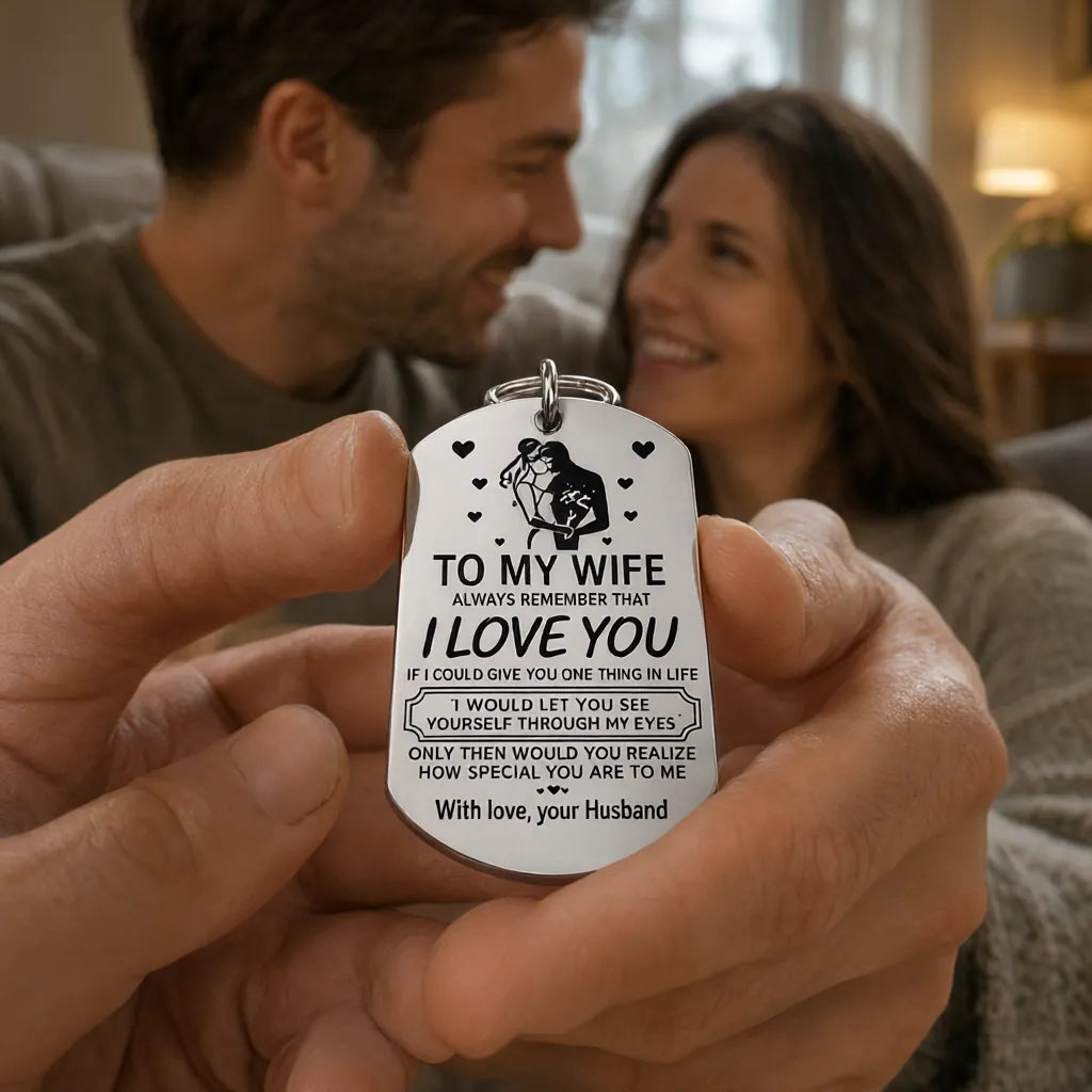 Man giving his wife an engraved keychain gift at home