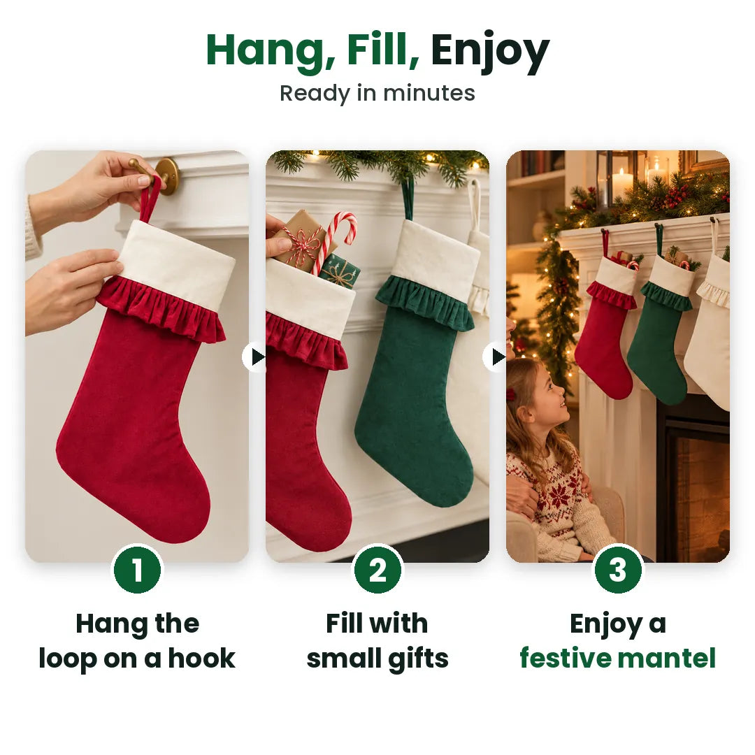 Three steps to hang and fill Christmas stockings on a mantel