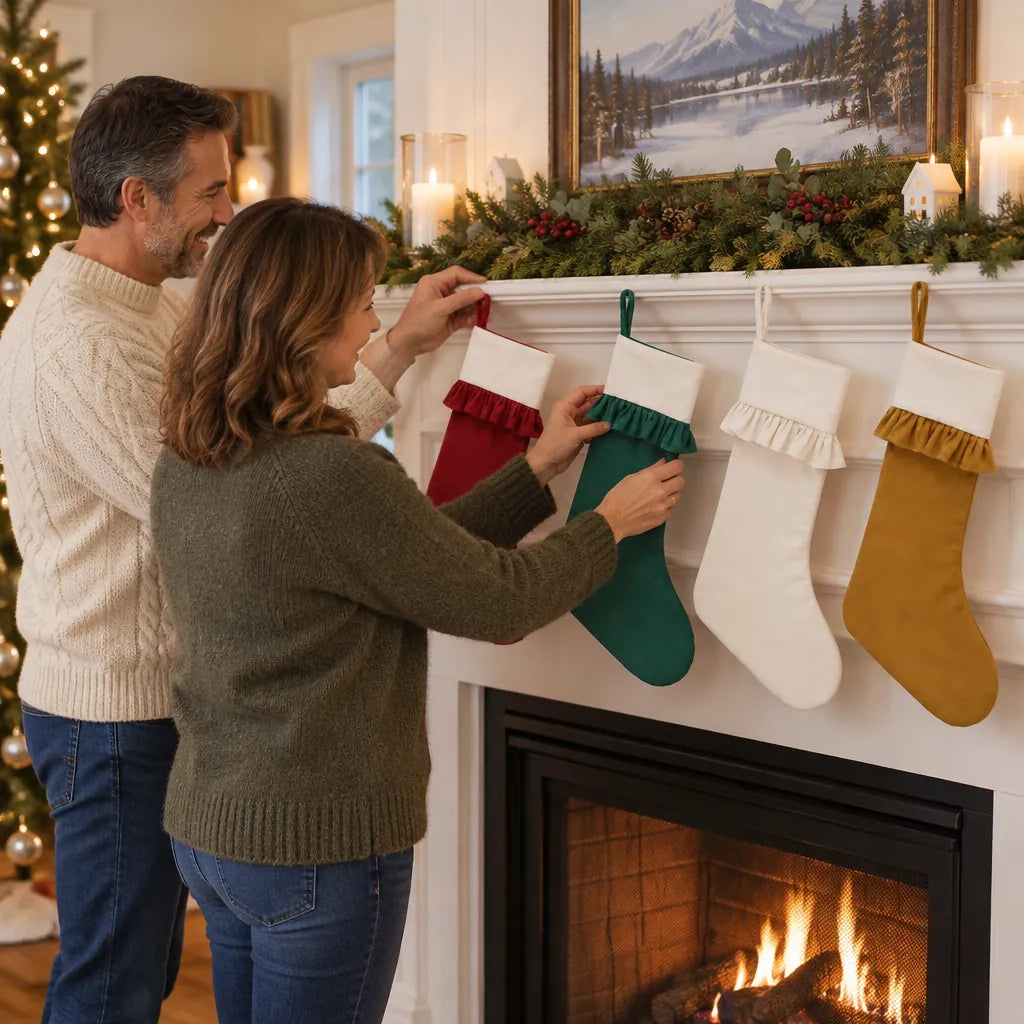 Couple hanging four Christmas stockings on a fireplace mantel