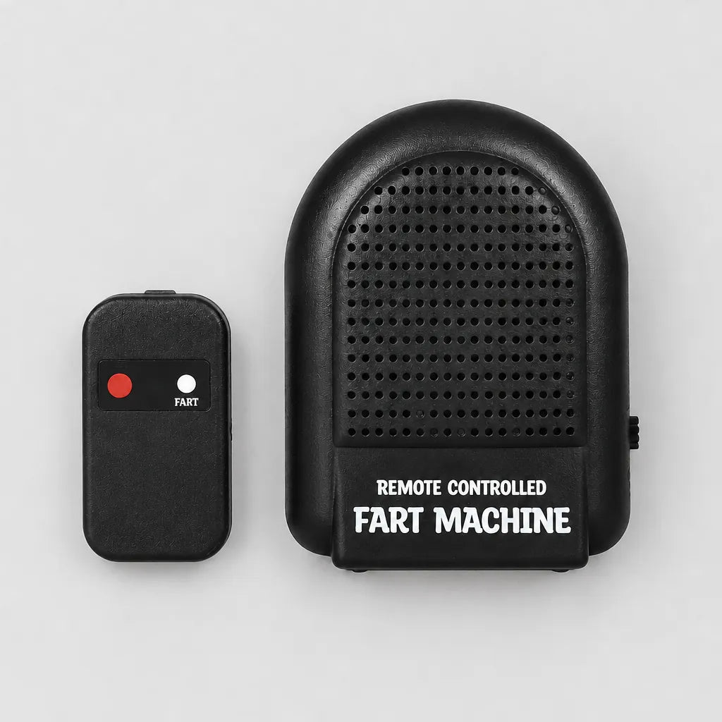 Black speaker unit and remote laid flat, the gag gift set you receive