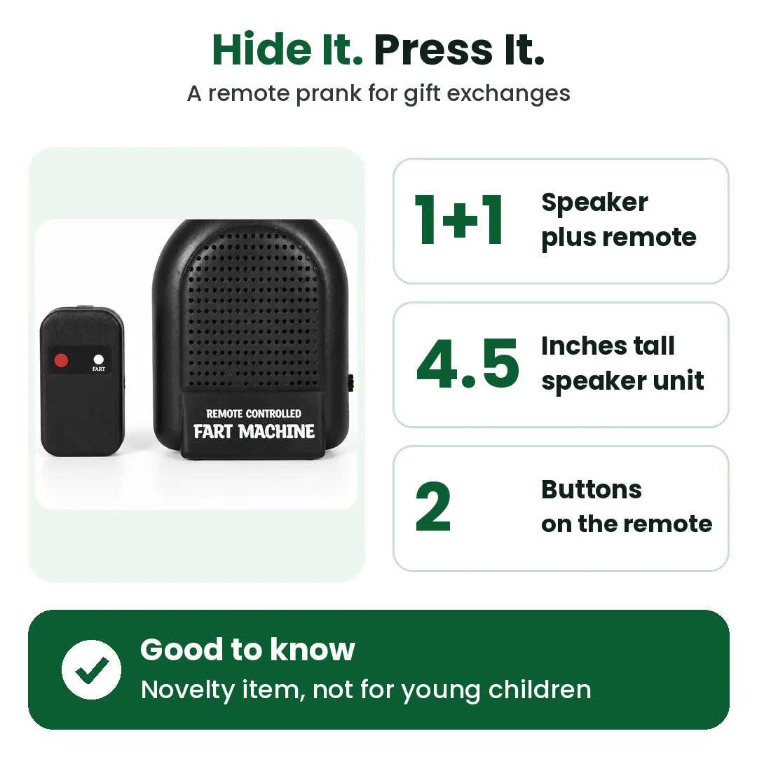 Remote control fart machine facts: speaker and remote, 4.5 inches tall, two buttons