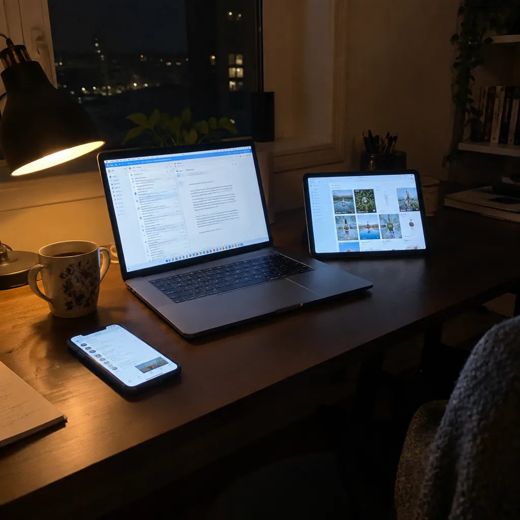 Laptop, tablet and phone screens lit up on a home desk in the evening