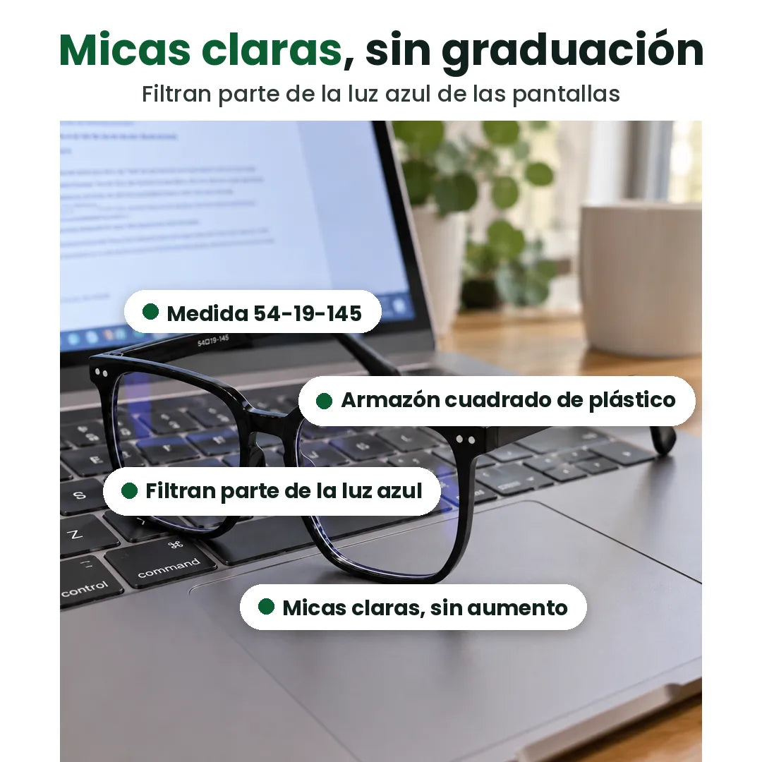 Lentes de luz azul sobre una laptop con etiquetas: micas claras, sin aumento, medida 54-19-145