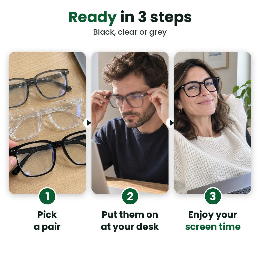 Three steps with computer glasses: pick a pair, put them on, enjoy your screen time