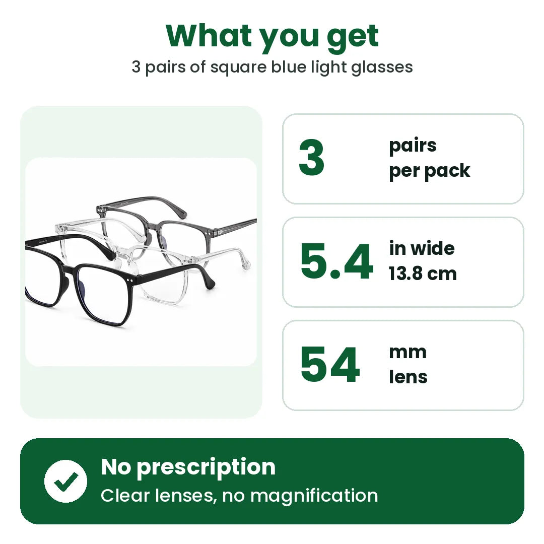 What you get: 3 pairs of square blue light glasses, 5.4 in (13.8 cm) wide, no prescription