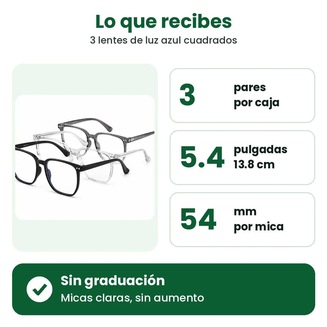 Lo que recibes: 3 pares de lentes de luz azul cuadrados de 5.4 in de ancho, sin graduación