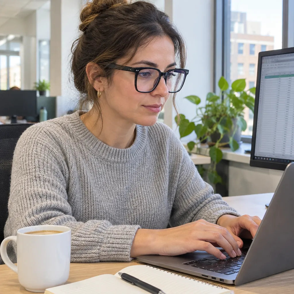 Woman typing at her office desk wearing black computer glasses