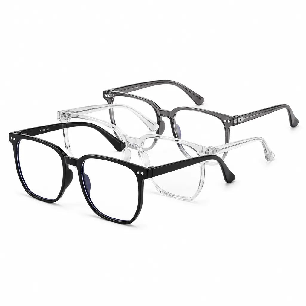 Three square blue light glasses in black, clear and smoky grey on a white background