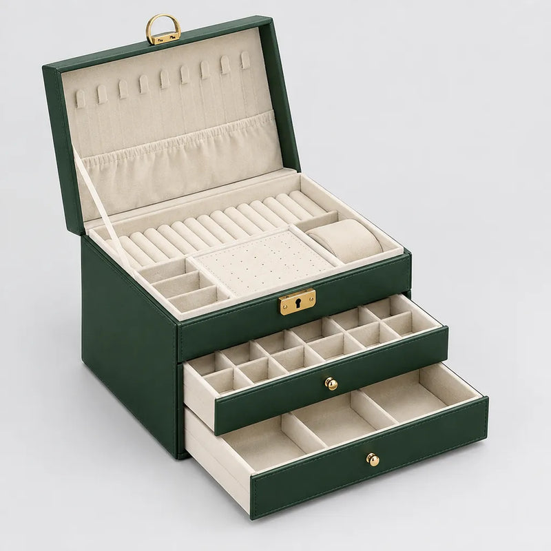 Open green three-layer jewelry box with both drawers pulled out and empty velvet compartments