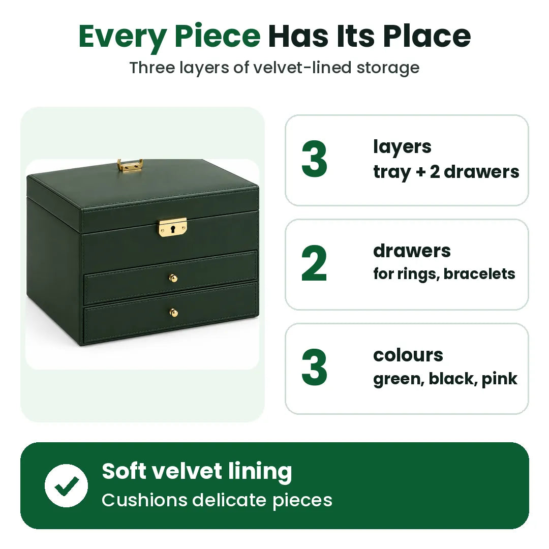 Three-layer jewellery box with two drawers in green, black or pink and a velvet lining