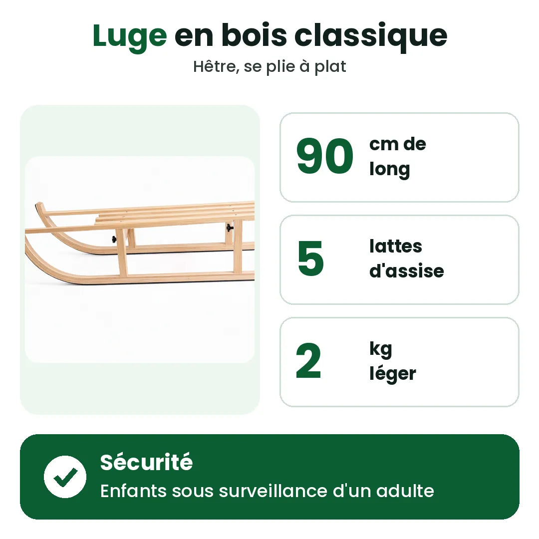 Luge en bois avec sa taille, ses lattes d'assise et son poids