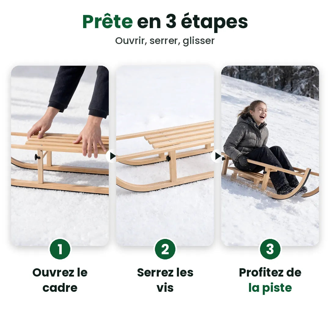 Trois étapes pour utiliser la luge en bois : ouvrir, serrer, glisser