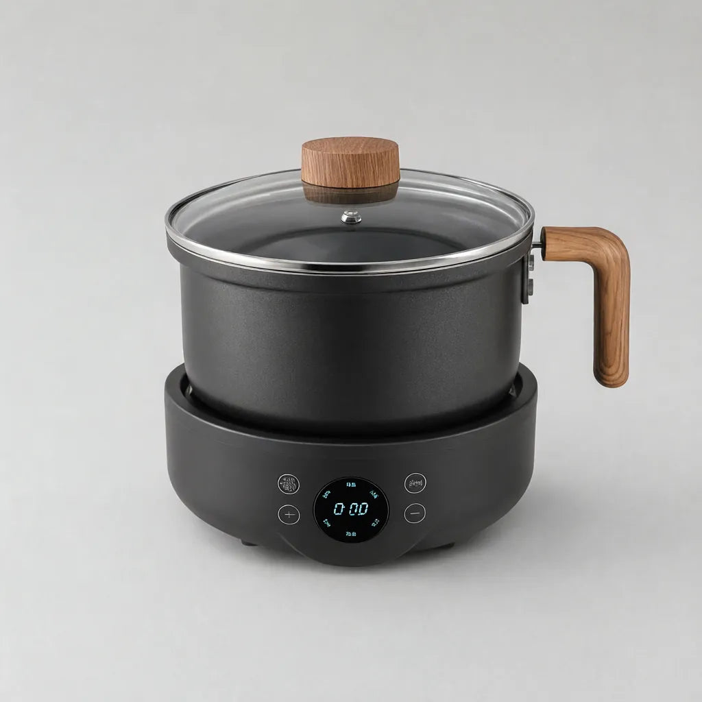 Black electric hot pot with glass lid on its heating base, what is in the box
