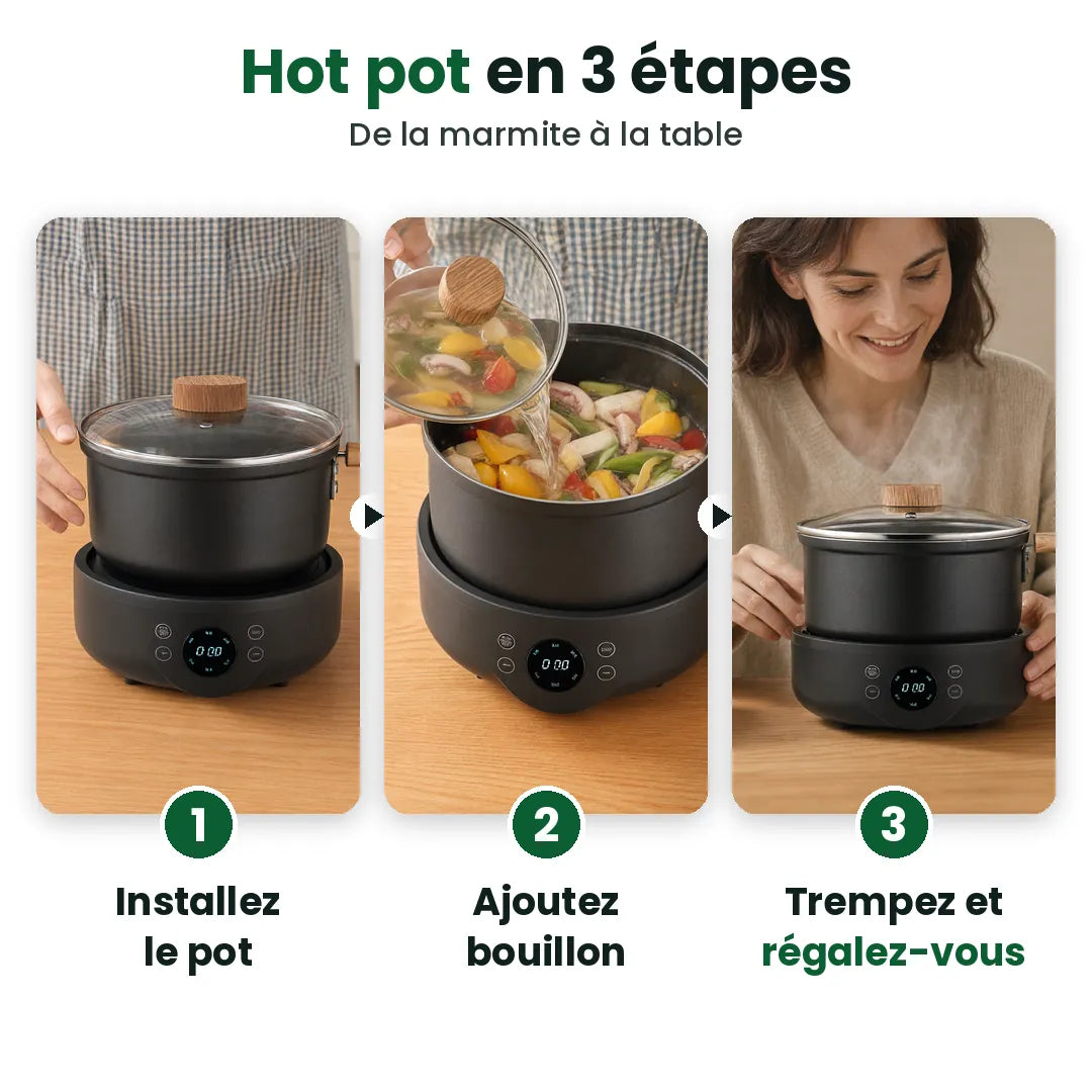 Trois étapes pour utiliser la marmite électrique : installer, ajouter le bouillon, tremper