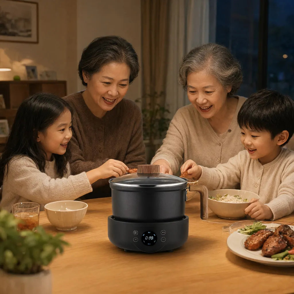 Family sharing a fondue chinoise dinner around an electric hot pot
