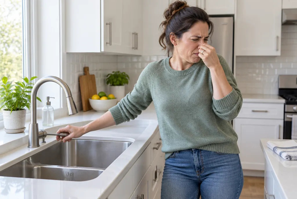 Mujer en una cocina impecable tapándose la nariz junto a la tarja