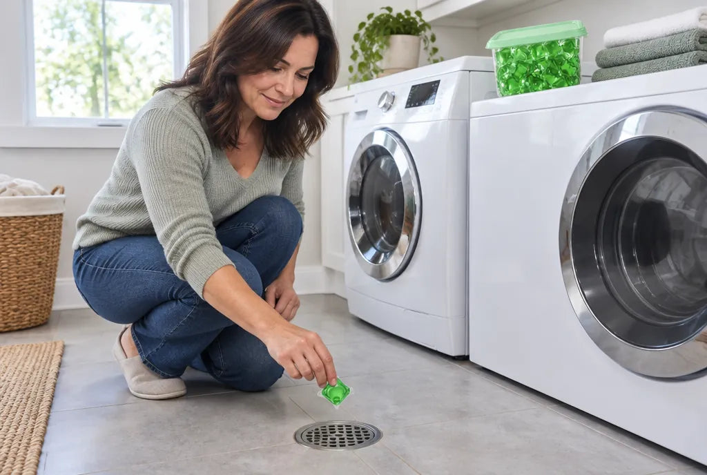 Mujer echando una cápsula PipeFresh Adiós Olor en la coladera del cuarto de lavado