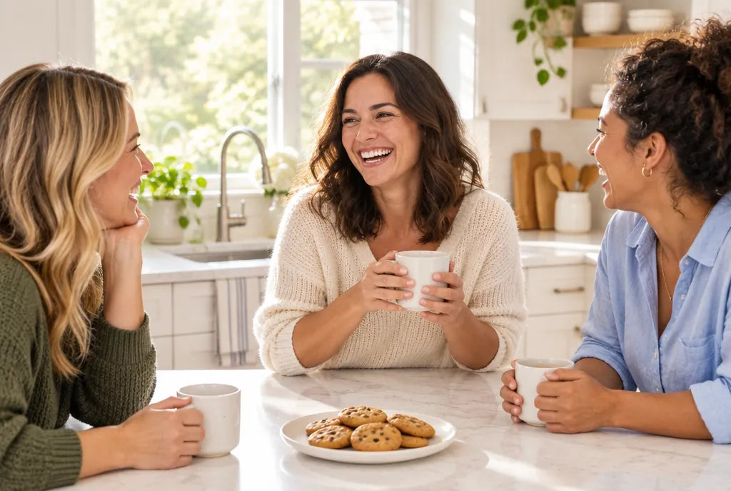 Mujer riendo con sus amigas alrededor de la isla de su cocina