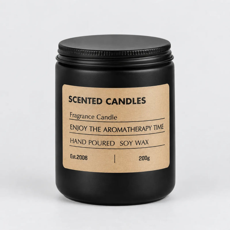 One soy wax scented candle in a black glass jar with lid