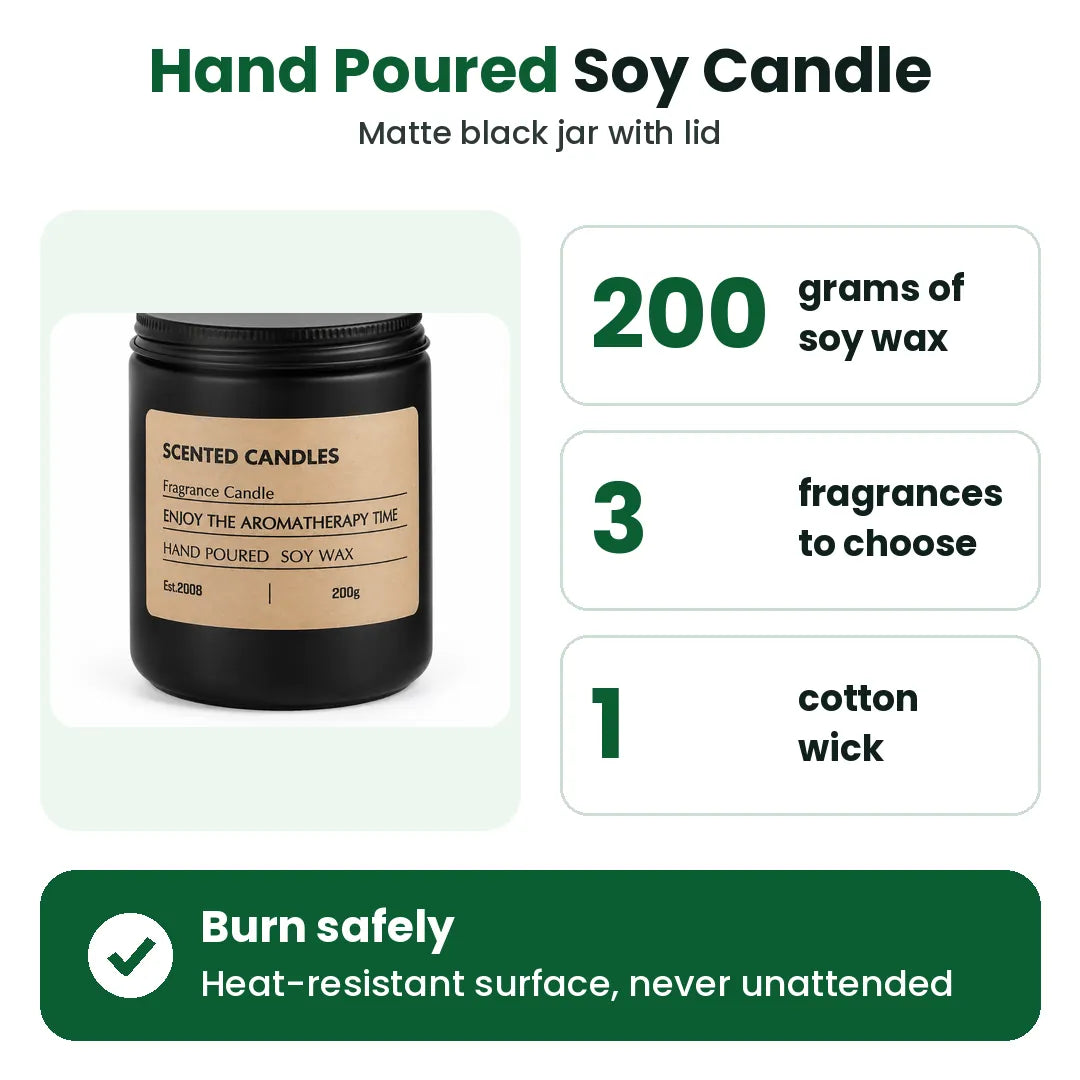 Hand poured soy candle in a black jar: 200 g of wax, 3 fragrances, 1 cotton wick