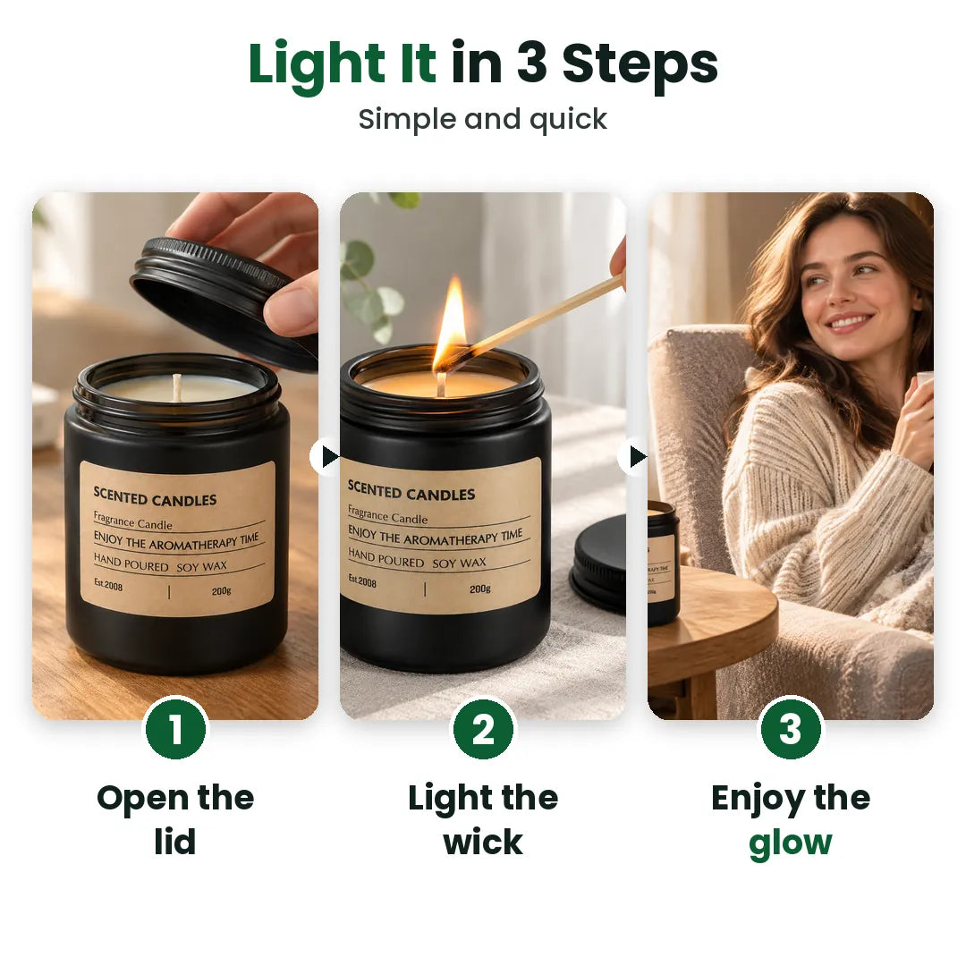 Three steps to light a scented candle: open the lid, light the wick, enjoy the glow