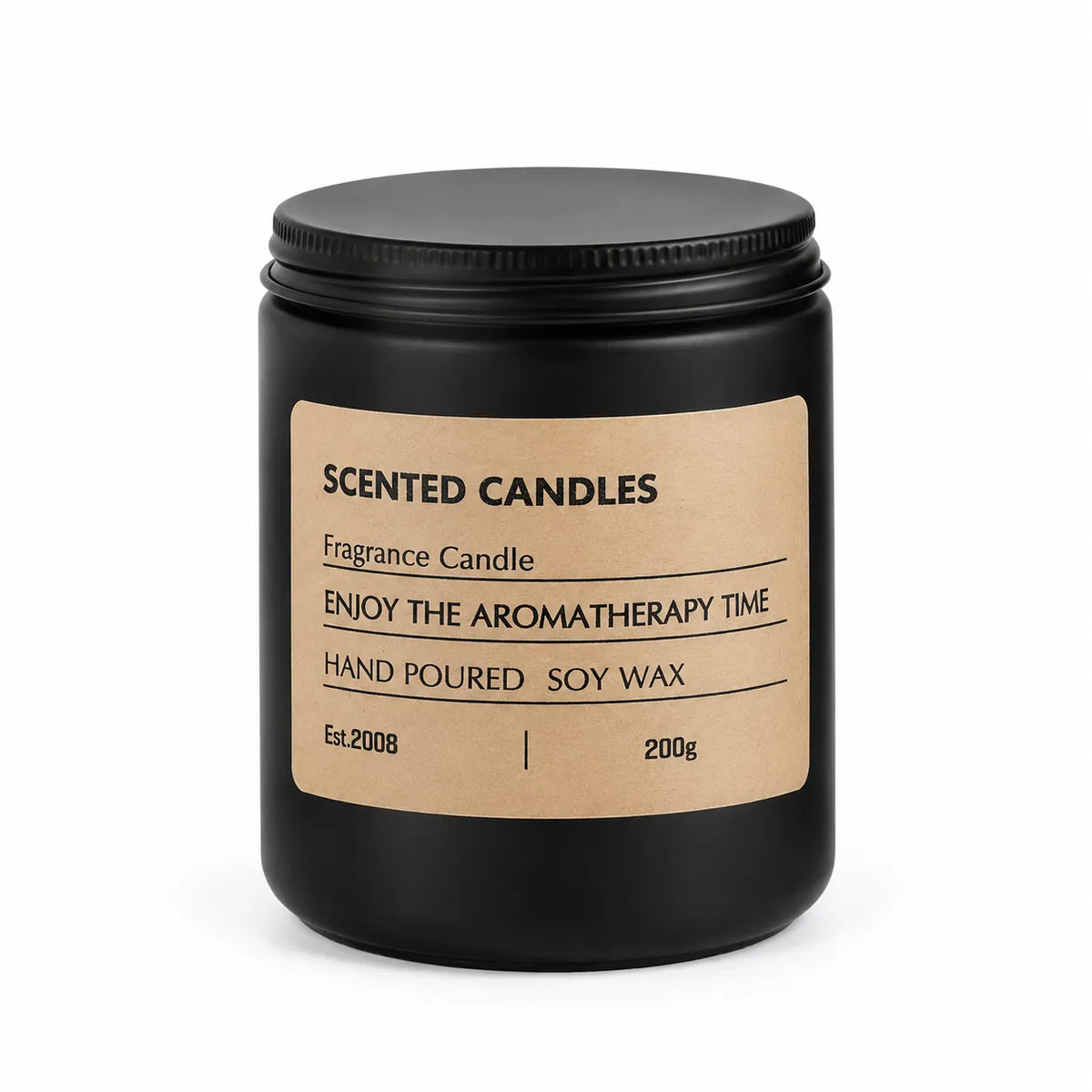 Scented soy wax candle in a matte black glass jar with kraft label, white background